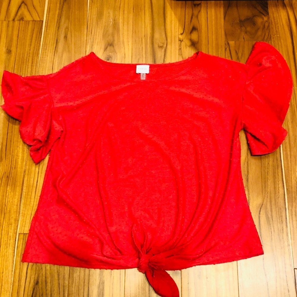 ⛱️Cupio - Red Swiss Dot Bell Sleeve Tie Front Top - L